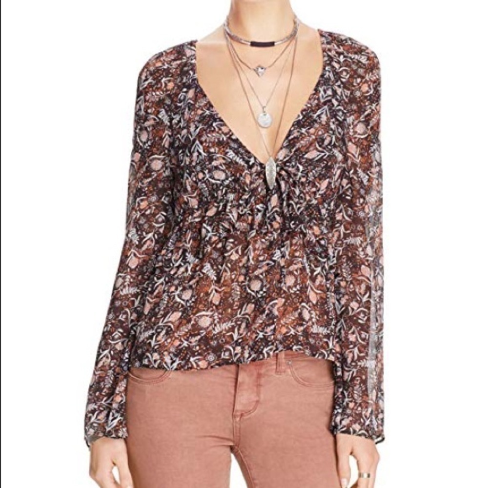 Free People Uptown Bell Sleeve Top Black Orange XS